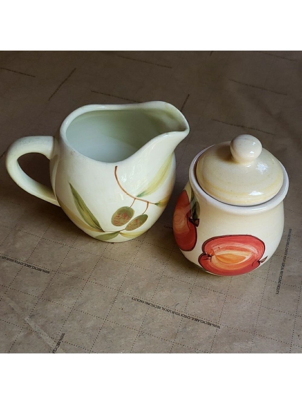 Hand-Painted Cream and Tan Ceramic Pitcher and Sugar Bowl